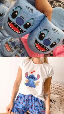 COMBO STITCH VERANO- PIJAMA CORTO + PANTUFLAS STITCH CELESTE