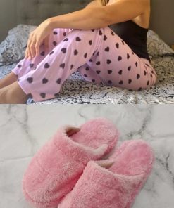 COMBO INVIERNO ROSA- PIJAMAS - PIJAMA LARGO CORAZON + PANTUFLAS PELUCHE