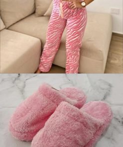 COMBO ROSA - PANTUFLAS PELUCHE + PANTALON POLAR ZEBRA