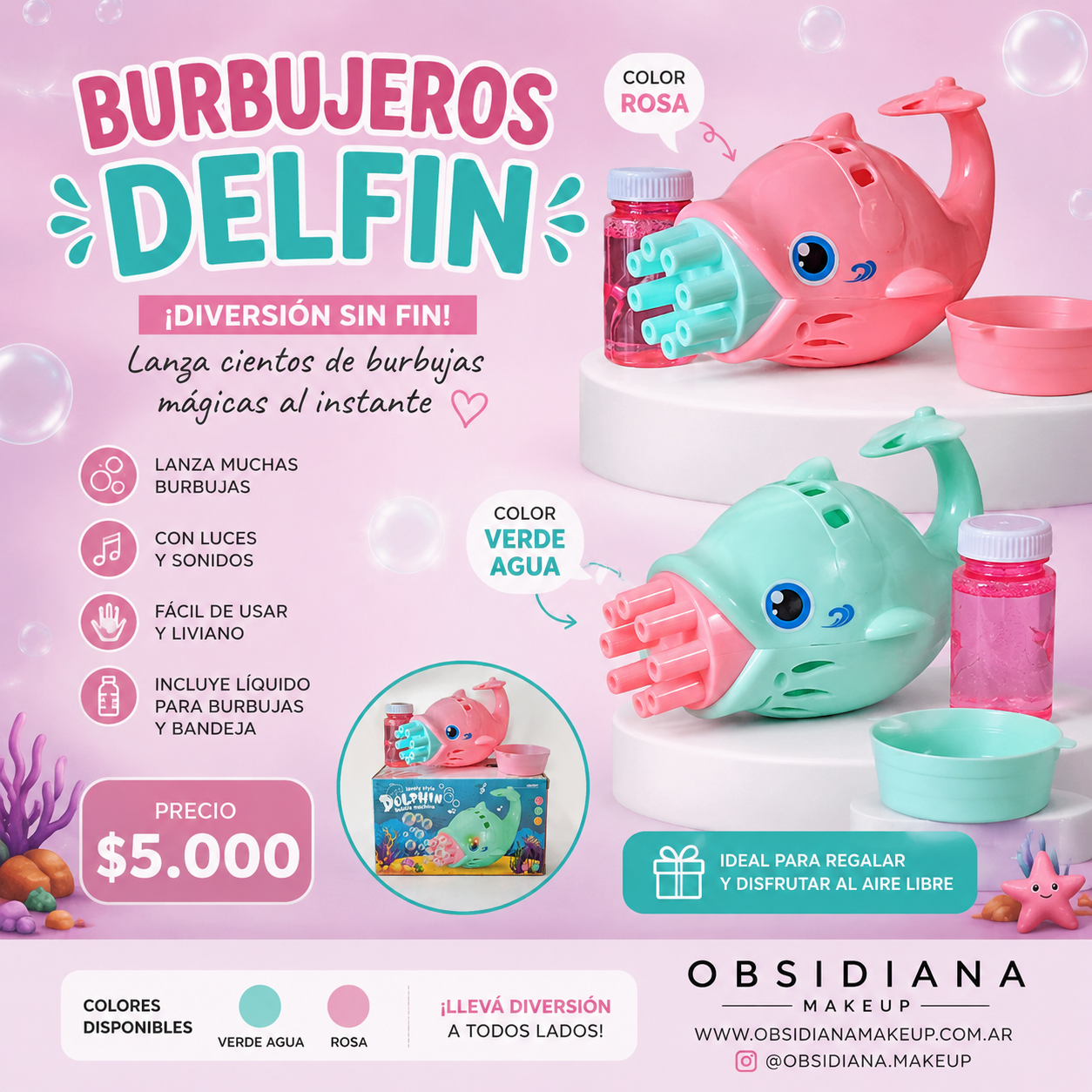 PISTOLA DE BURBUJAS - DELFIN - ROSA O VERDE AGUA - BURBUJERO