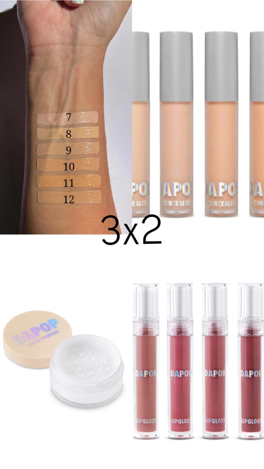 3X2 - BASICOS DAPOP - CORRECTOR + SOMBRA GLITTER + GLOSS CON COLOR