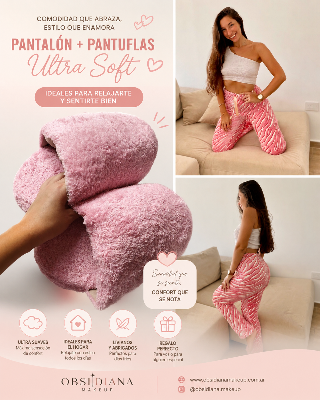 COMBO ROSA - PANTUFLAS PELUCHE + PANTALON POLAR ZEBRA
