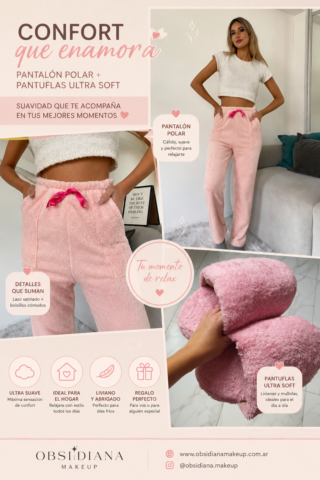COMBO ROSA - PANTUFLAS PELUCHE + PANTALON TEDDY CON BOLSILLOS