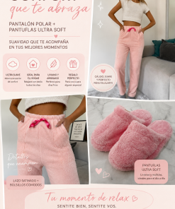 COMBO ROSA - PANTUFLAS PELUCHE + PANTALON TEDDY CON BOLSILLOS
