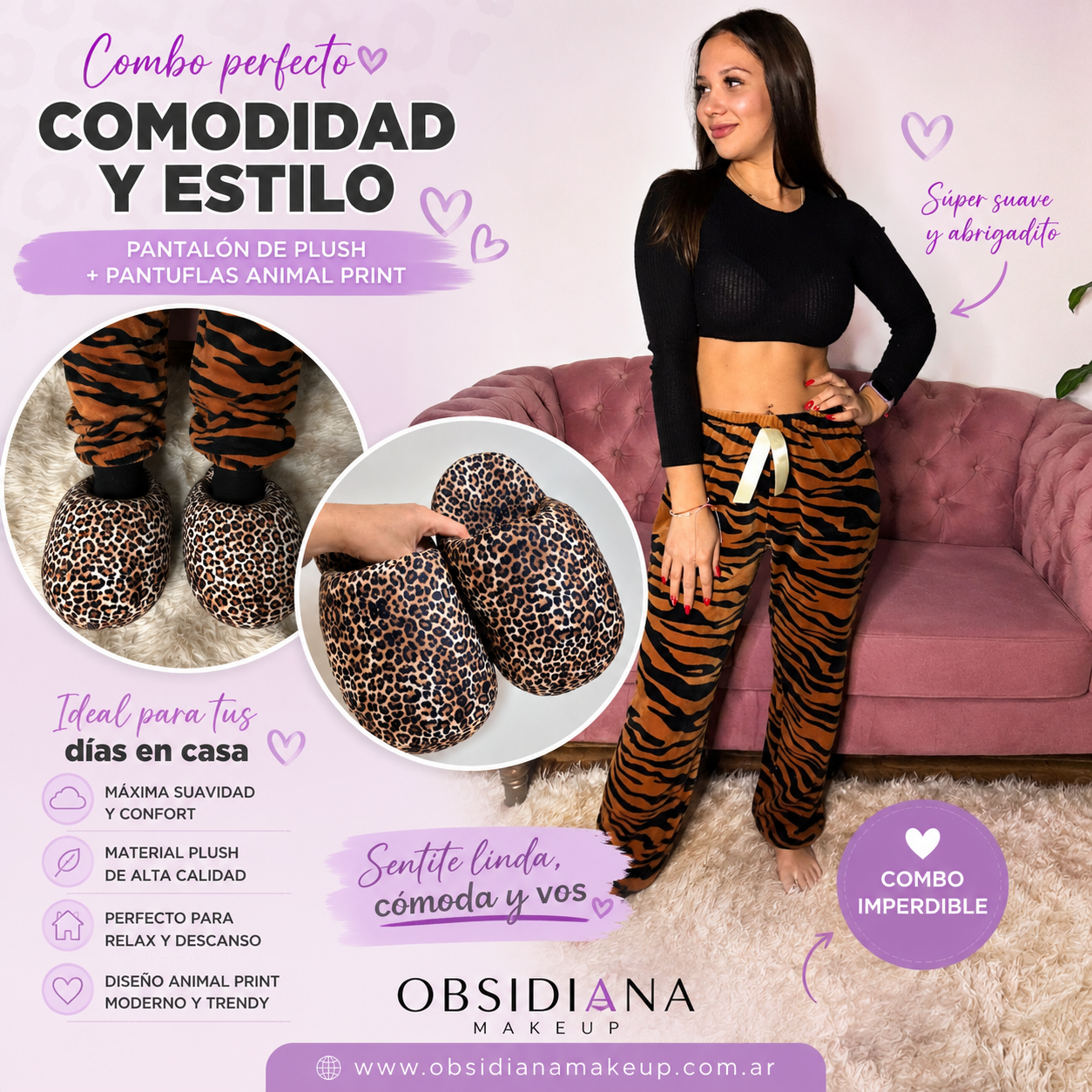 COMBO ANIMAL PRINT - PANTALON DE PLUSH + PANTUFLAS