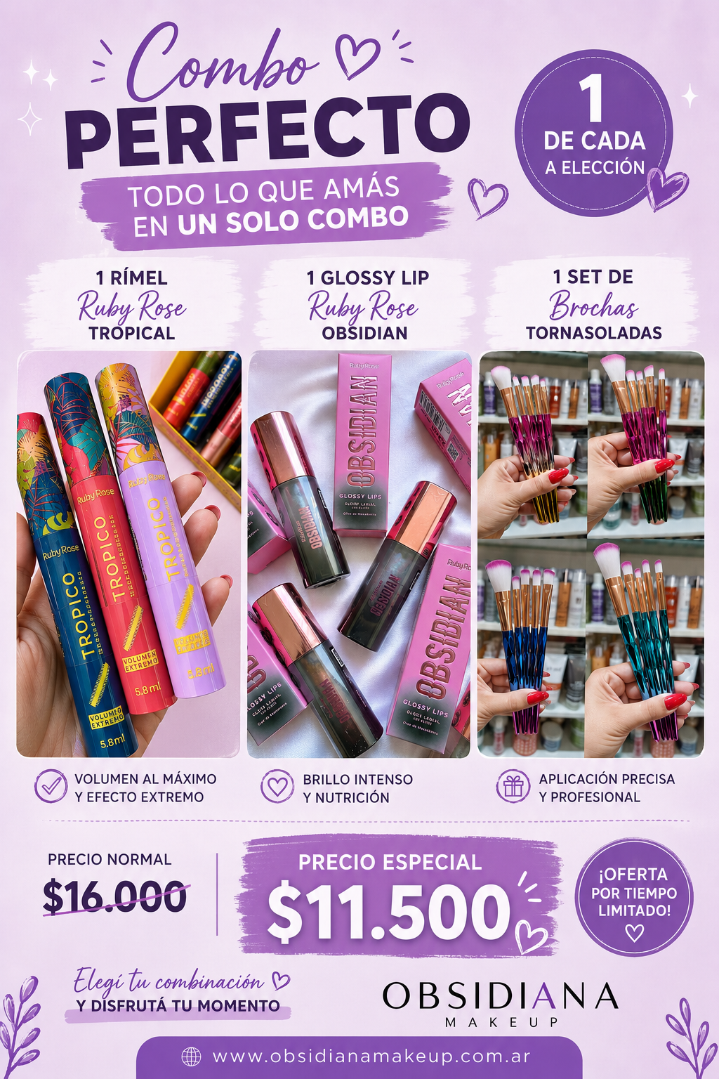 COMBO DE MAQUILLAJE - BASICOS - BROCHAS + GLOSS + RIMEL