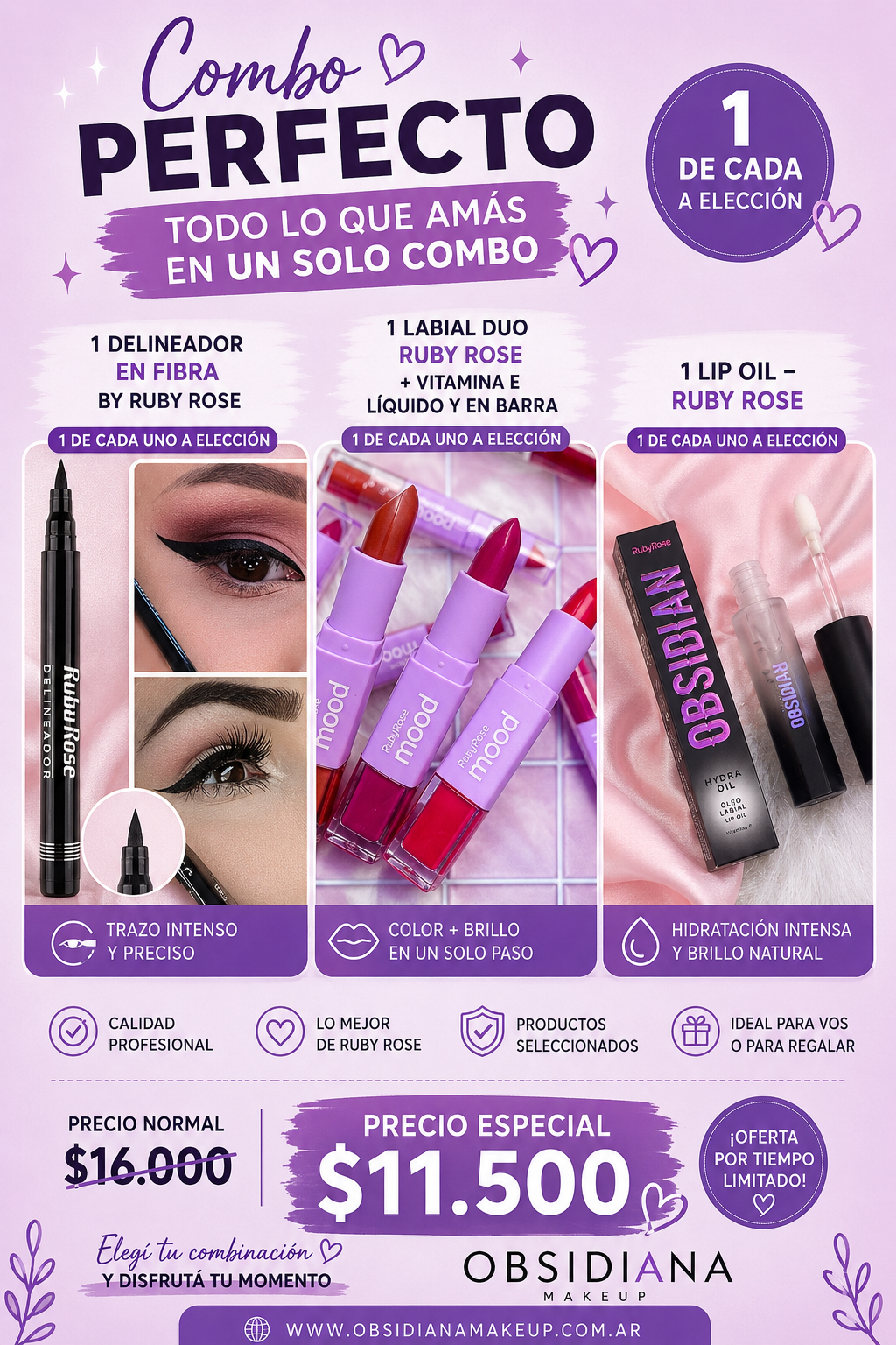 COMBO DE MAQUILLAJE - DELINEADOR EN FIBRA + LABIAL DUO + GLOSS