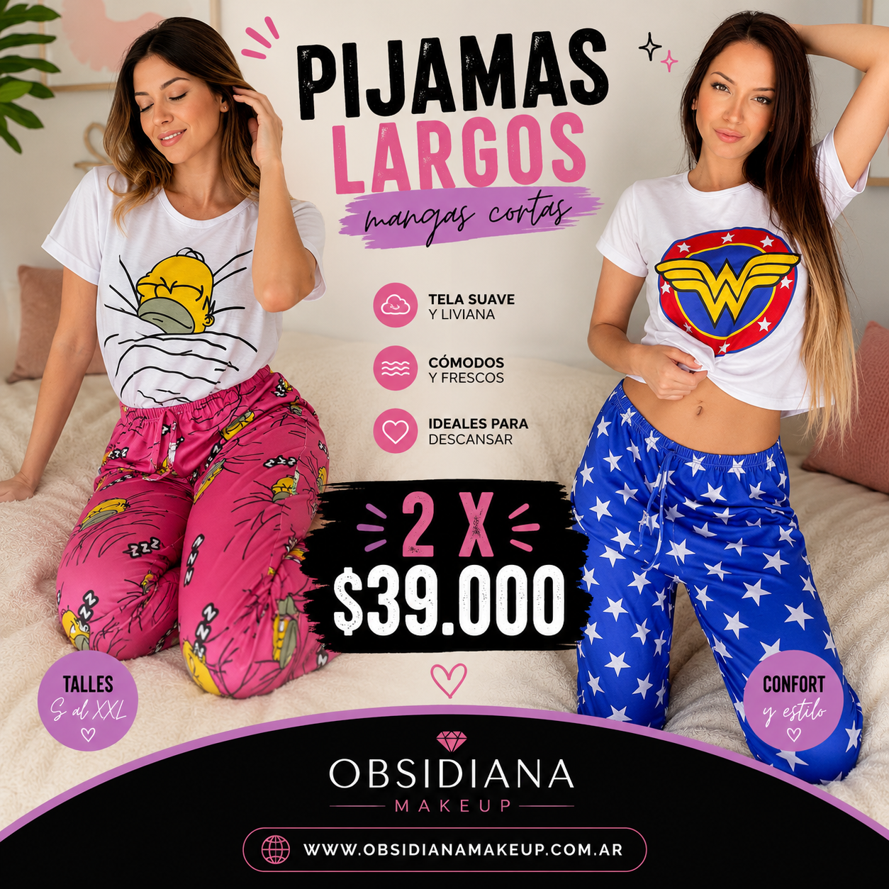 2X1 - PIJAMAS LARGOS - MUJER MARAVILLA Y HOMERO SIMPSON