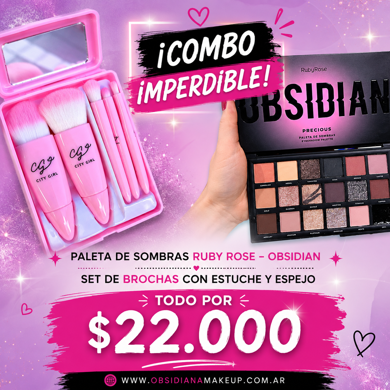 COMBO IMPERDIBLE - PALETA DE SOMBRAS OBSIDIAN BY RUBY ROSE + SET DE BROCHAS CON ESTUCHE Y ESPEJO