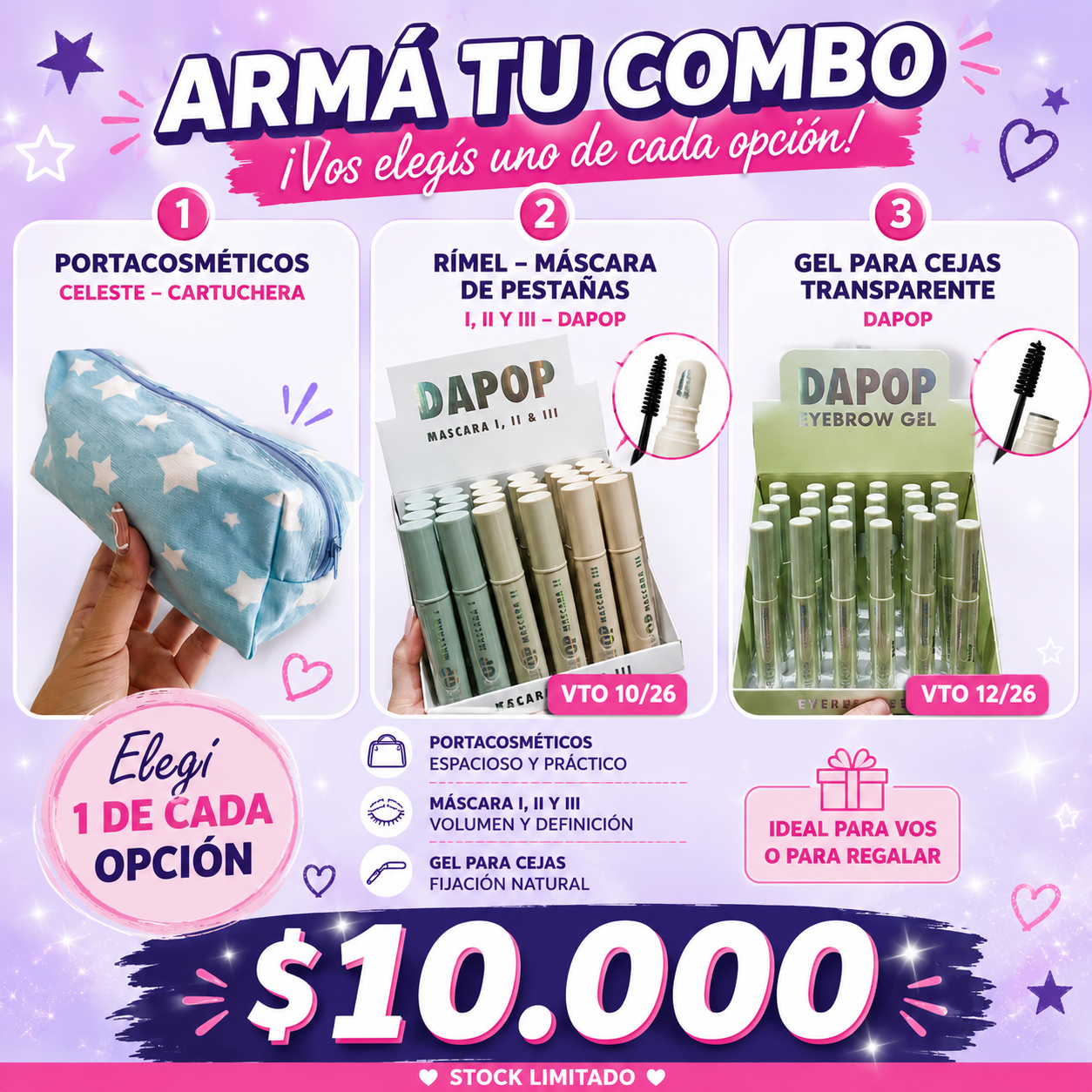 COMBO - PORTACOSMETICOS + RIMEL + GEL DE CEJAS