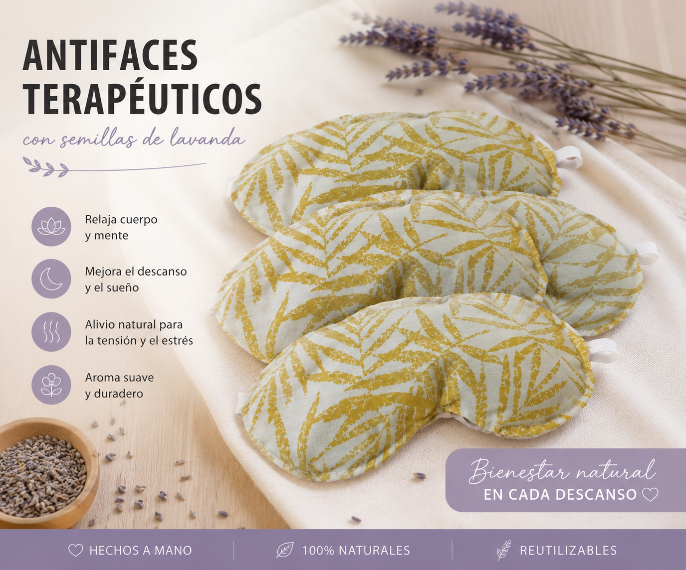 ANTIFACES TERAPEUTICOS CON SEMILLAS DE LAVANDA - ANTIFAZ - Imagen 2